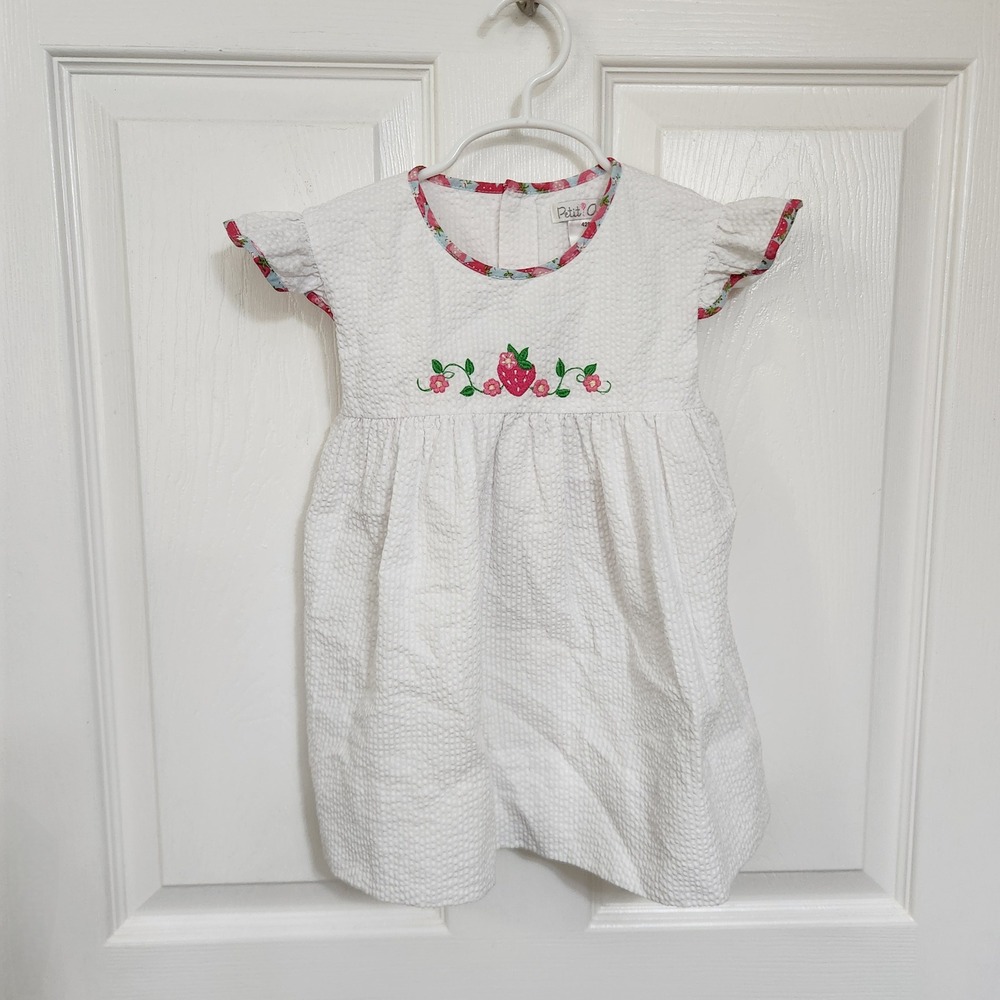 Petit Ami Girls White Seersucker Strawberry Embroidered Dress 4T Flutter Sleeve